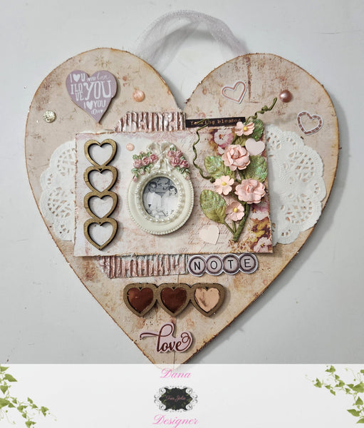 Vintage Mixed Media Wooden Heart